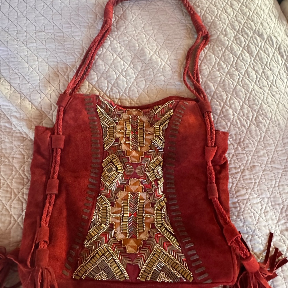 Anthropologie Red and Gold Embroidered Hobo Bag - Picture 4 of 9